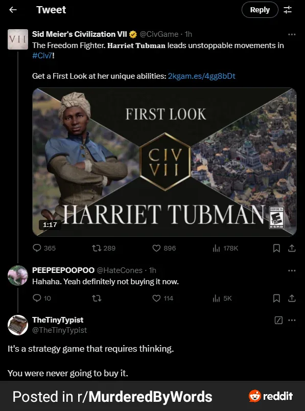 A screenshot of a tweet from Sid Meier's Civilization VII announcing Harriet Tubman as a playable leader, featuring her…