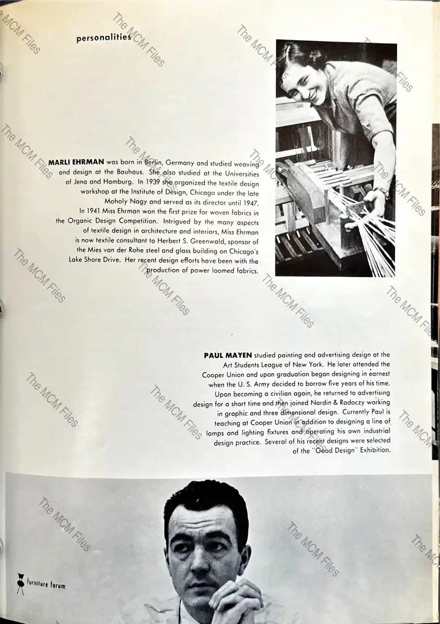 A vintage black-and-white magazine page from 'furniture forum' under the 'personalities' section. It features a photo of…