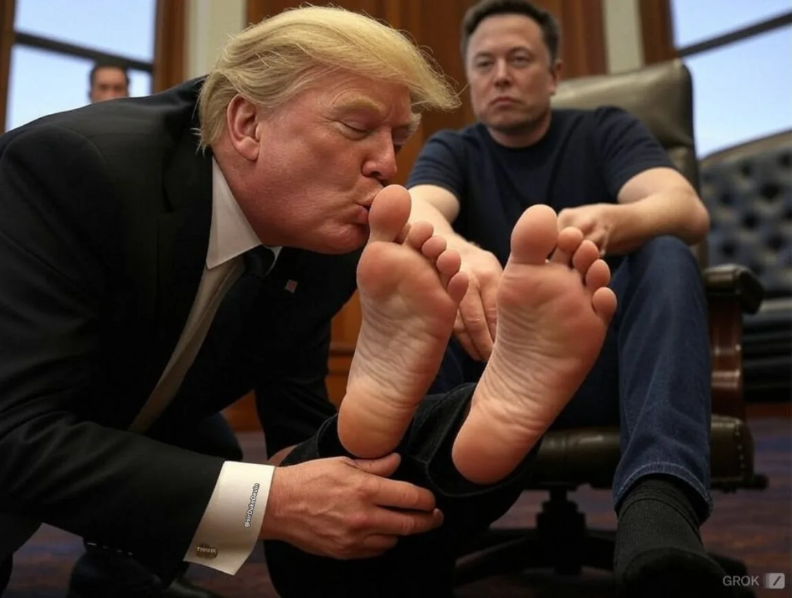 donald trump, vestido con traje oscuro y corbata, se inclina para besar los pies de elon musk, quien está sentado en una…