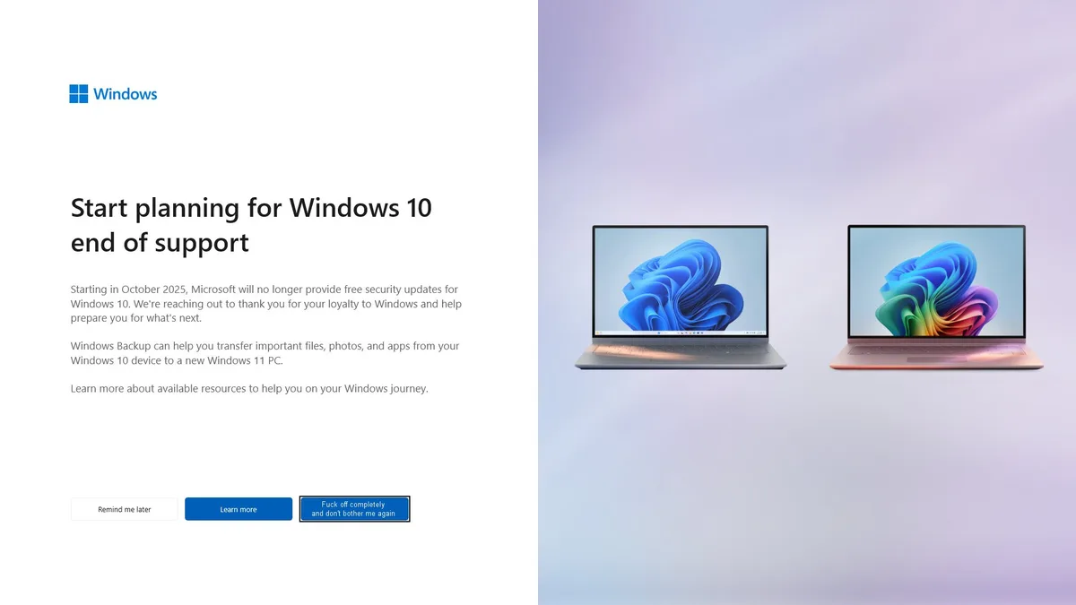 A Microsoft webpage warning users about the end of support for Windows 10 in October 2025, showing two laptops with Windows…