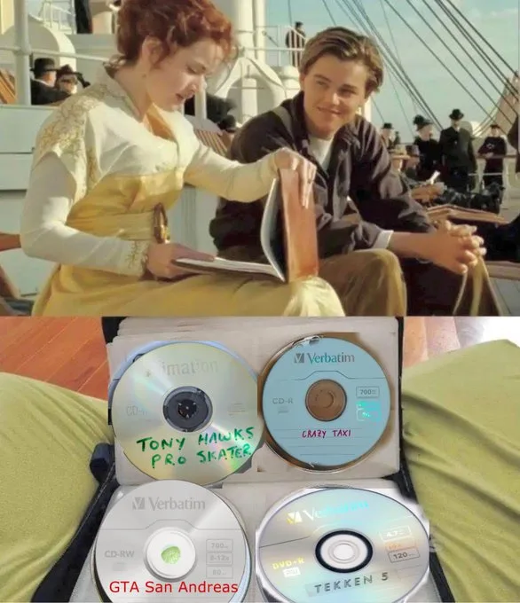 The image is a two-panel meme. The top panel shows Jack and Rose from the movie Titanic, with Rose looking down at a book…