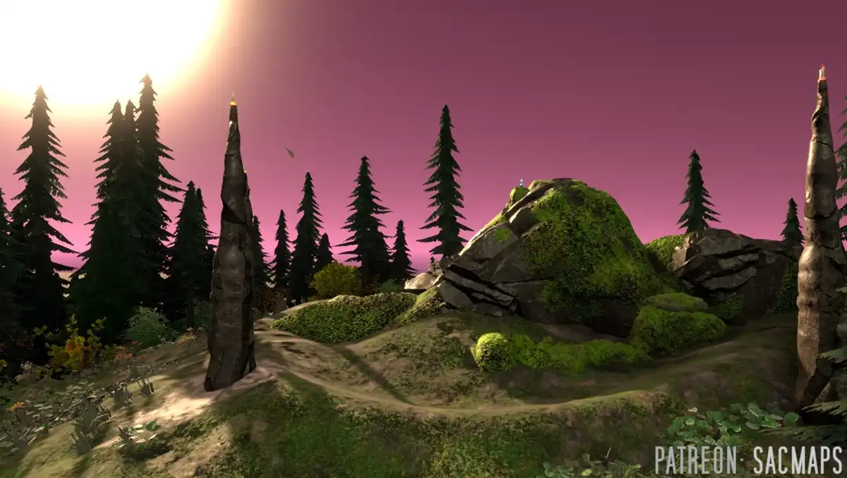 A screenshot from a video game shows a serene, forested landscape with mossy rocks, tall pine trees, and a pinkish-purple…