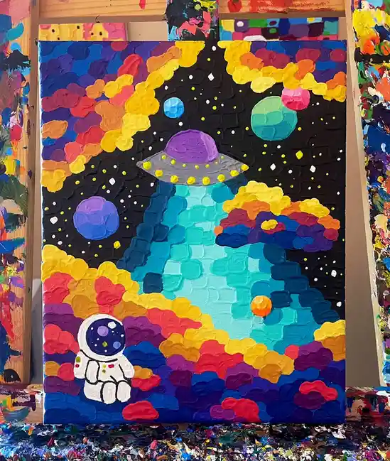 A thickly textured, colorful painting depicts a small astronaut in a white suit sitting on a planet, looking up at a large…