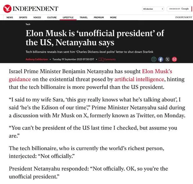 A screenshot of an Independent news article headline reads 'Elon Musk is 'unofficial president' of the US, Netanyahu says'…