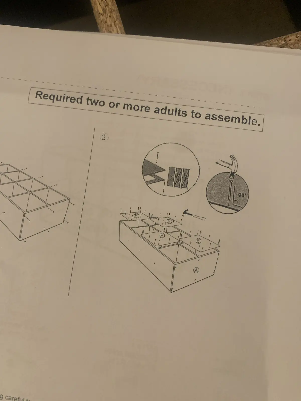 A close-up of a furniture assembly instruction sheet showing step 3, which depicts a partially assembled wooden box with…