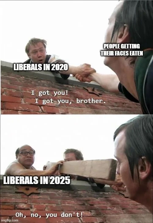 Two-panel image showing a man in the top panel reaching out to help another man on a brick ledge, with text labeling the…