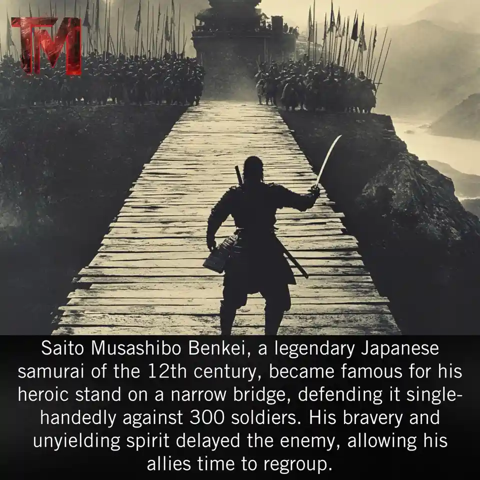 A silhouette of a samurai stands on a narrow wooden bridge, facing a large army of soldiers with spears and flags on either…
