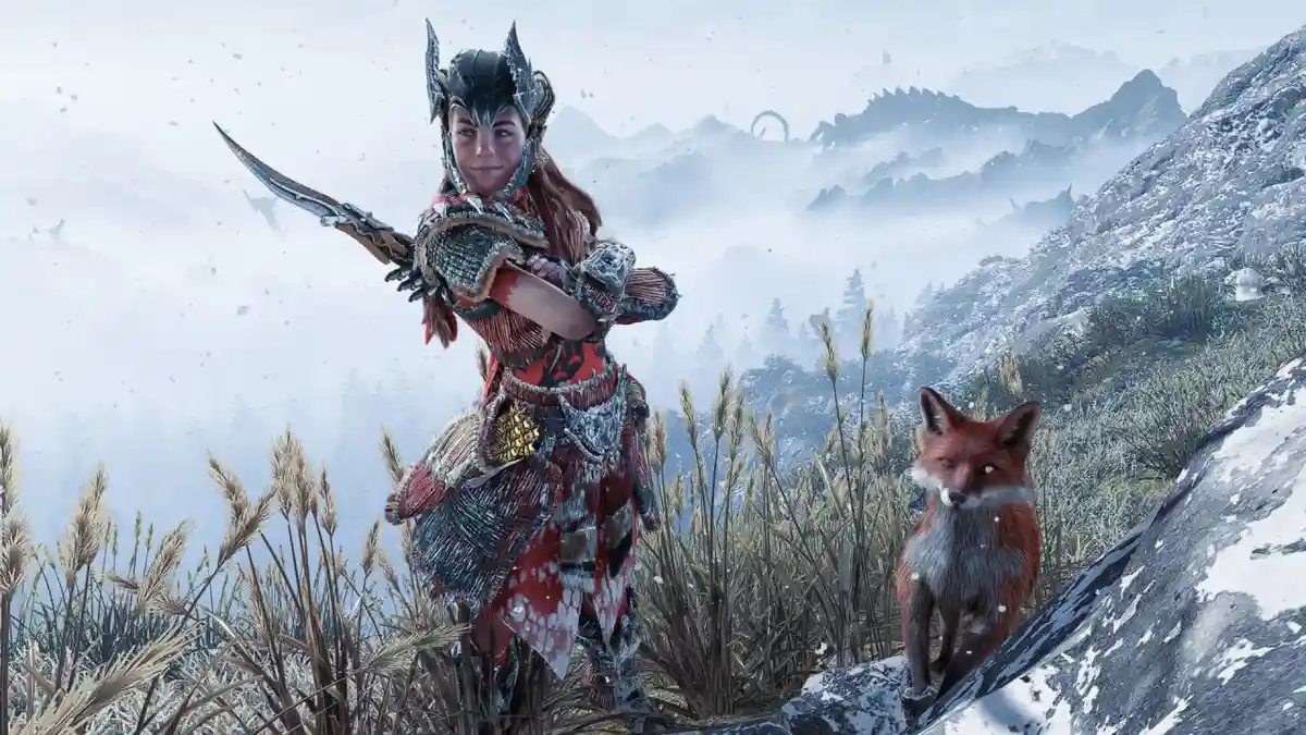A female warrior in ornate red and black armor stands in a snowy, mountainous landscape holding a curved blade, with a red…