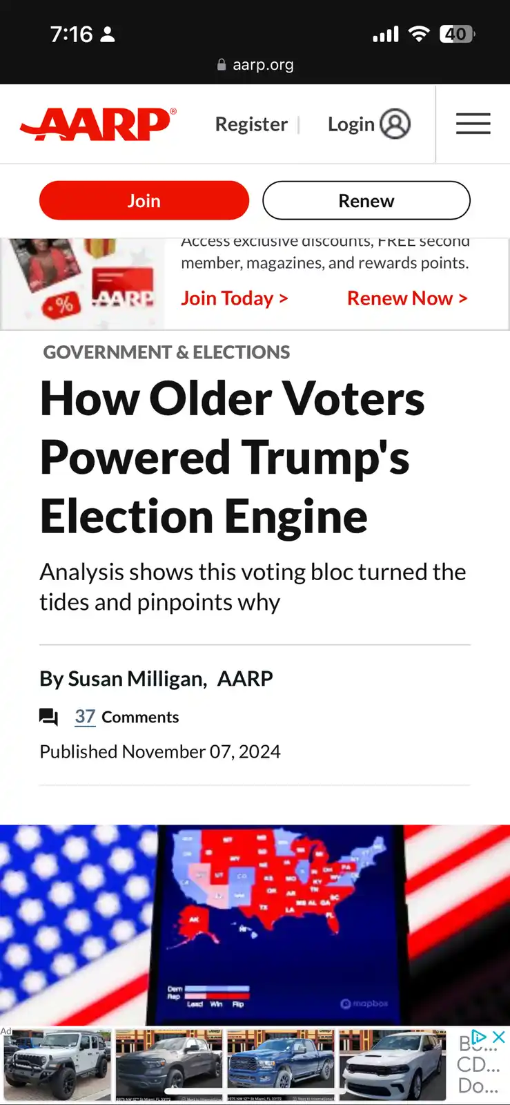 A screenshot of an AARP.org article titled 'How Older Voters Powered Trump's Election Engine' with a map of the U.S. showing…