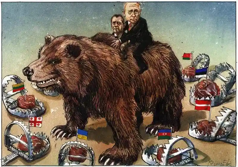 a political cartoon depicts two men riding a large brown bear across a barren landscape. Around them are several open bear…