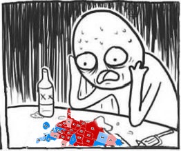 A cartoon drawing shows a bald, sweating man with a distressed expression, sitting at a table with a bottle of alcohol. In…