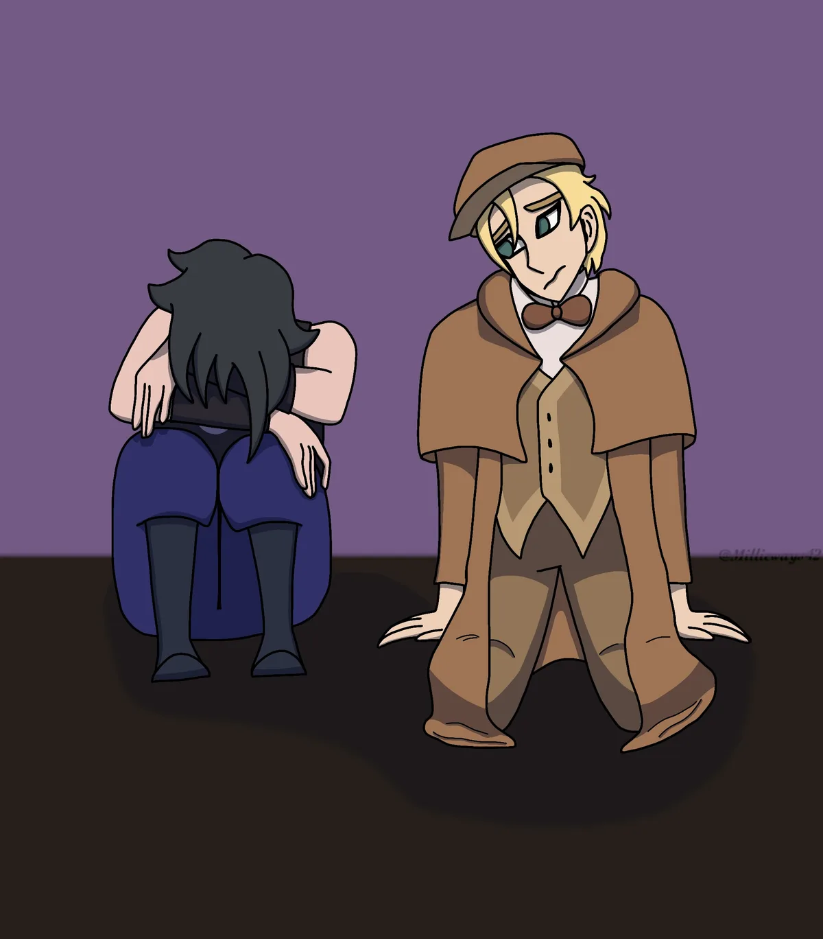 Two anime-style characters sit on a dark floor against a purple wall. One with dark hair is hunched over, facing away…
