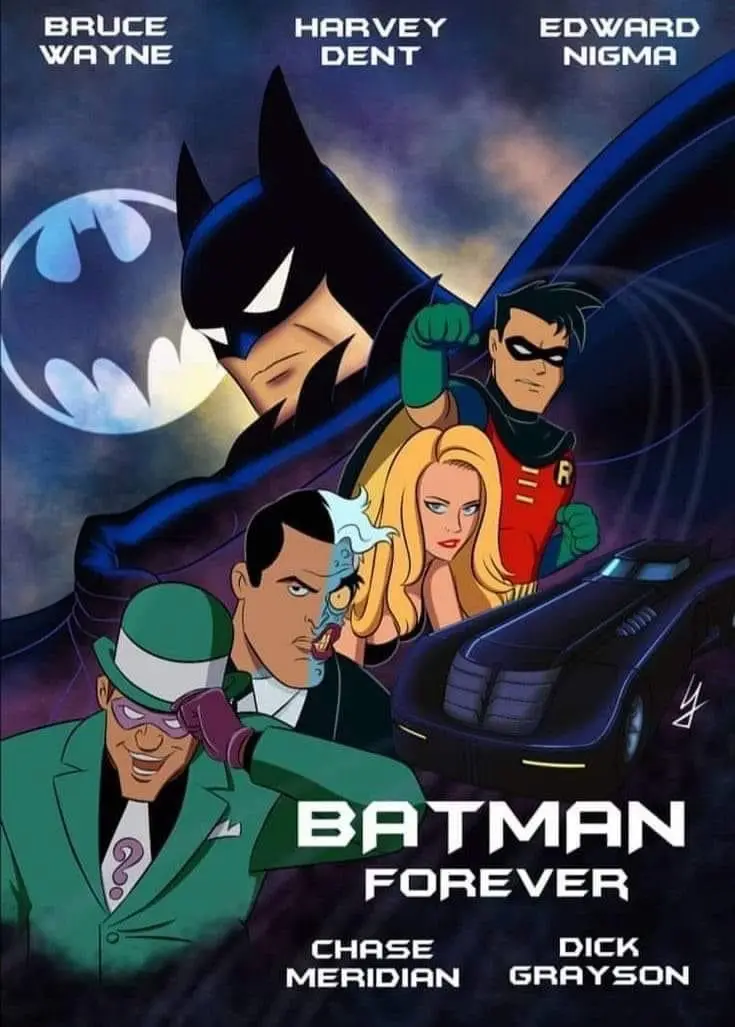 A digitally altered movie poster for 'Batman Forever' featuring Batman, Robin, and Batmobile, but with names like Bruce…