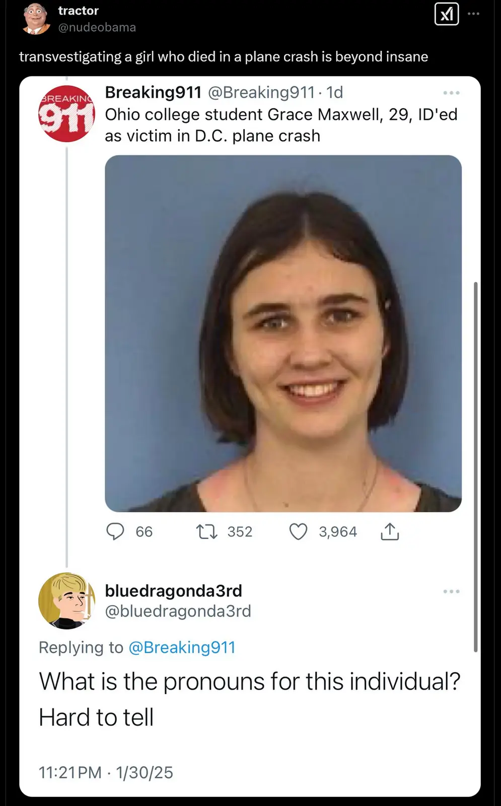 A screenshot of a Twitter thread shows a tweet from @Breaking911 identifying Grace Maxwell as a victim in a plane crash…