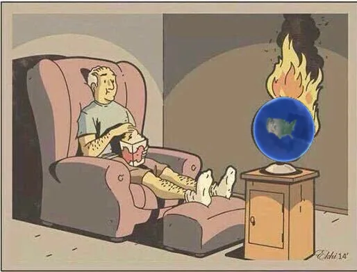 a man sits comfortably in a recliner eating popcorn while watching a globe on fire on a small table beside him. The globe…