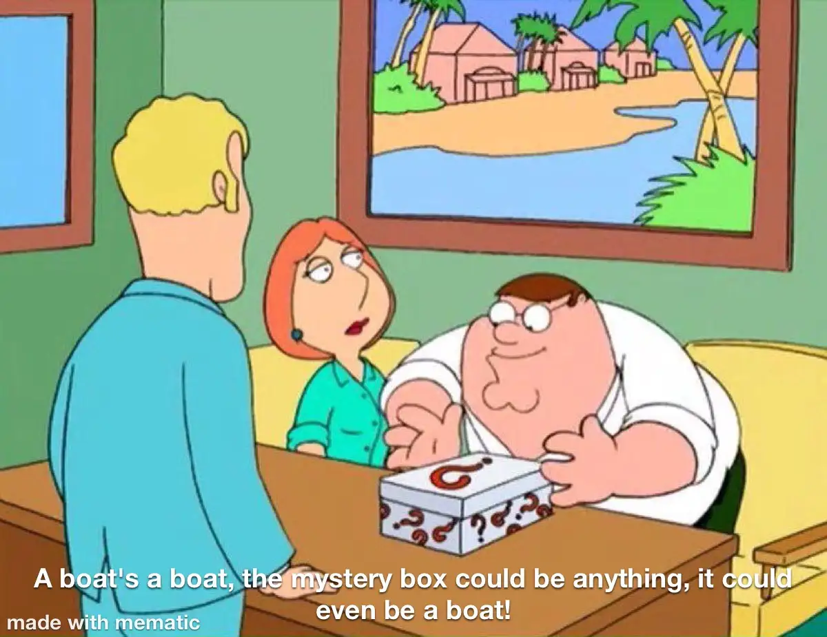 In a cartoon scene, Peter Griffin sits at a desk with a mystery box covered in question marks, smiling confidently while…