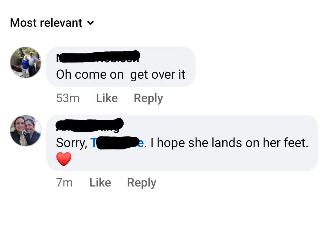 A screenshot of a social media comment thread shows two replies. The first says 'Oh come on get over it' and the second…