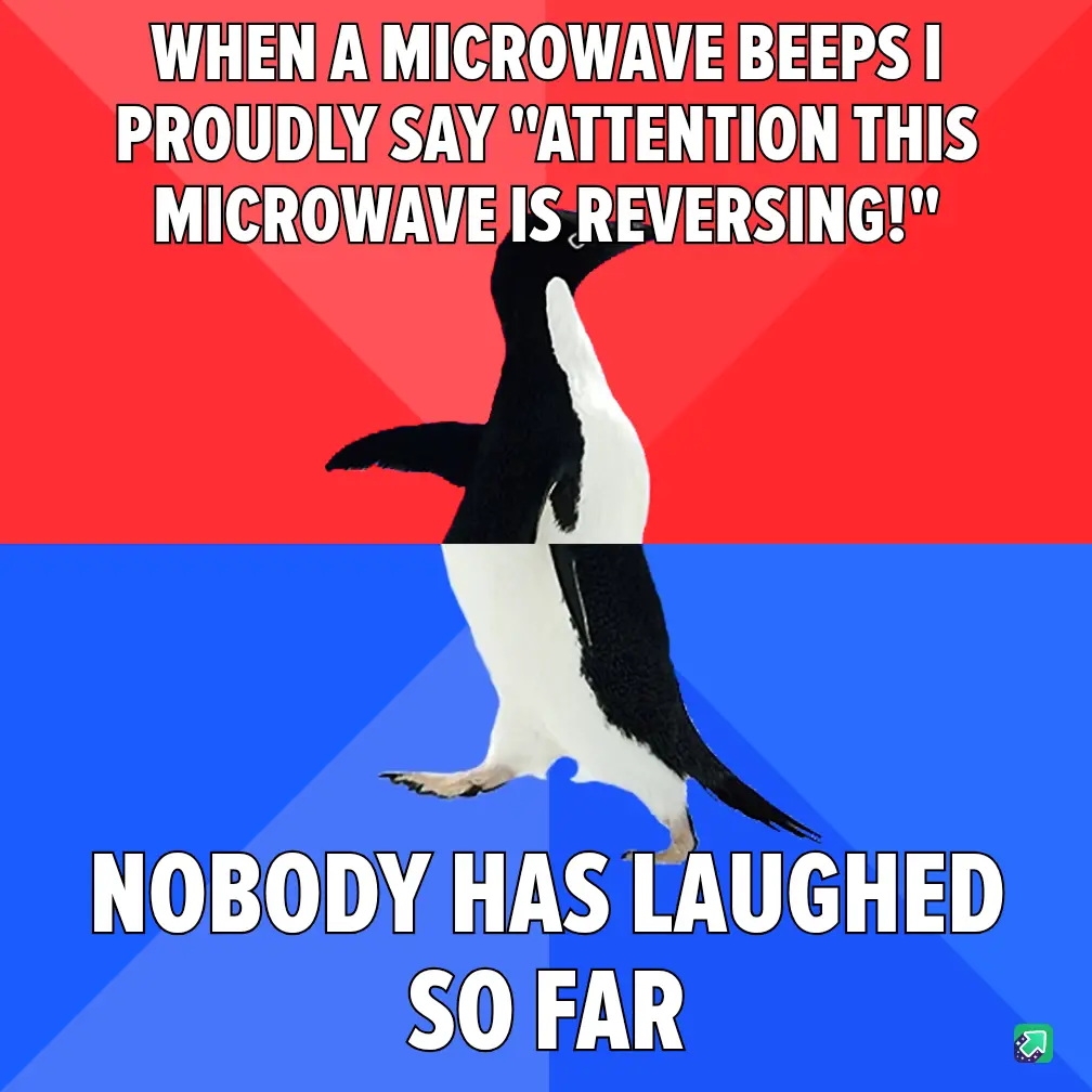 A penguin stands upright against a red and blue background, with bold white text above and below. The top text reads 'WHEN A…
