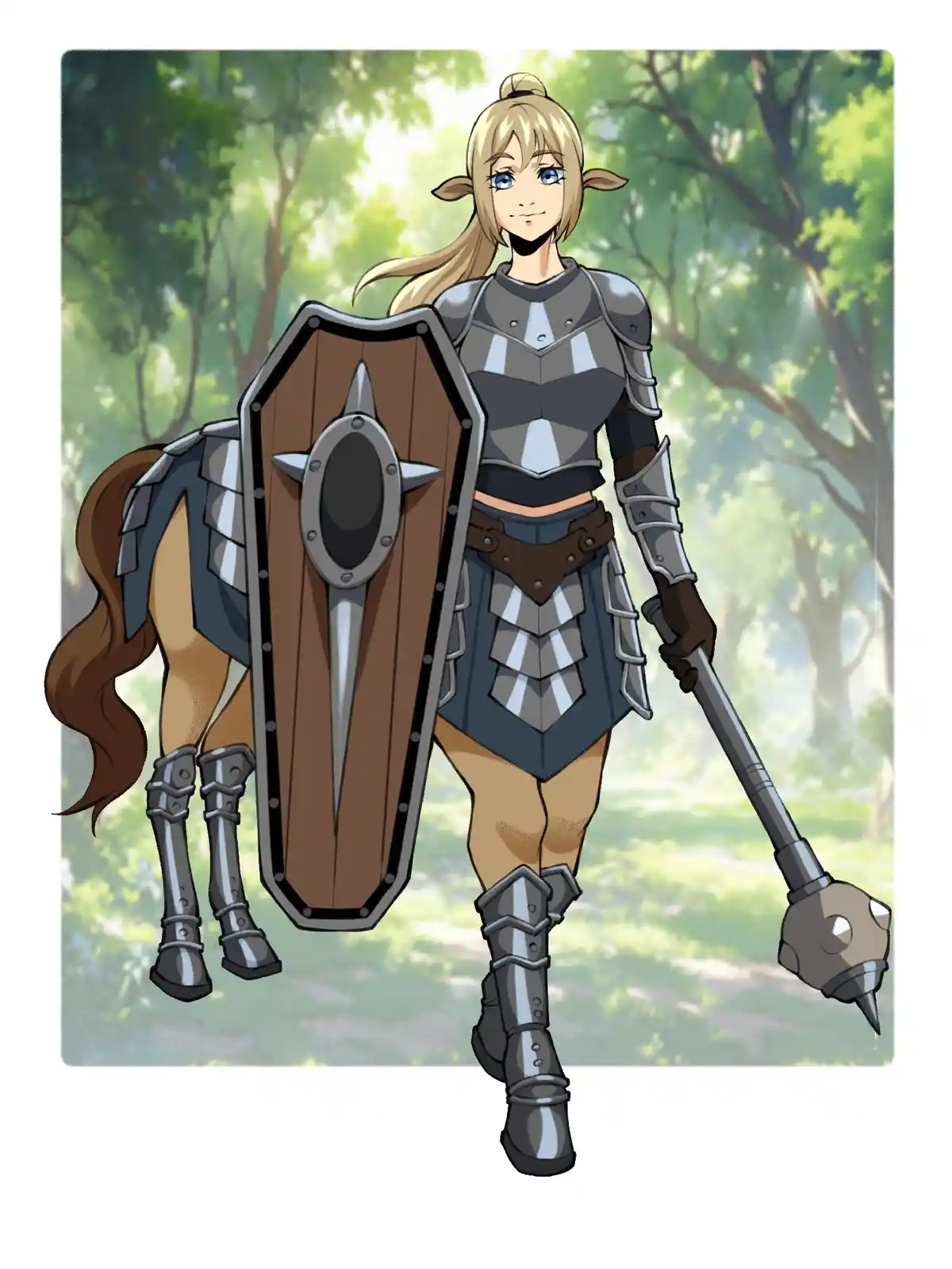 An anime-style illustration shows a blonde elf woman in full silver armor holding a large shield and a spiked mace, standing…