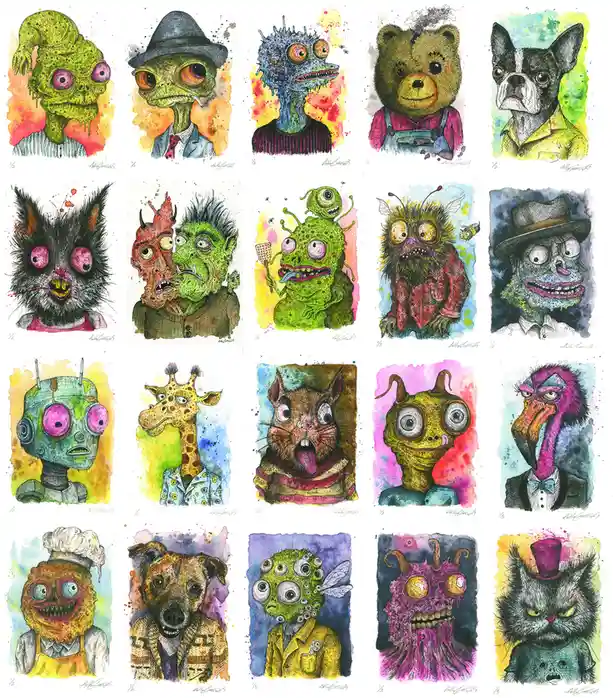 A grid of 16 colorful, surreal illustrations by artist Alex Gross, each depicting a different creature or animal with…