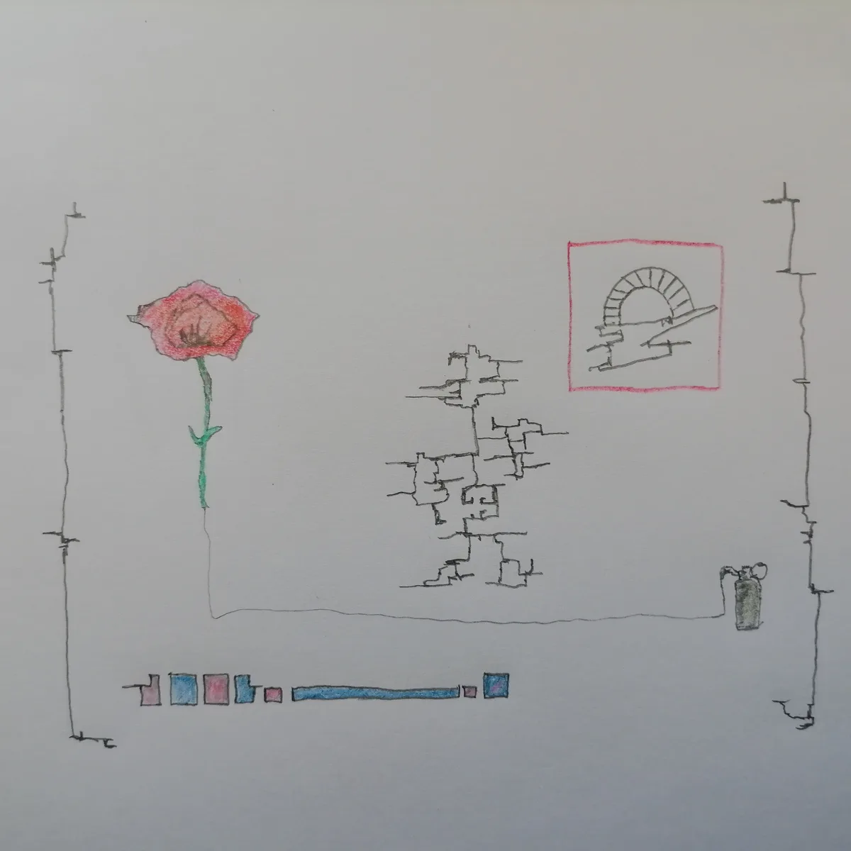 A hand-drawn image shows a pink rose on the left, a broken wall in the center, a framed archway on the right, and a fire…