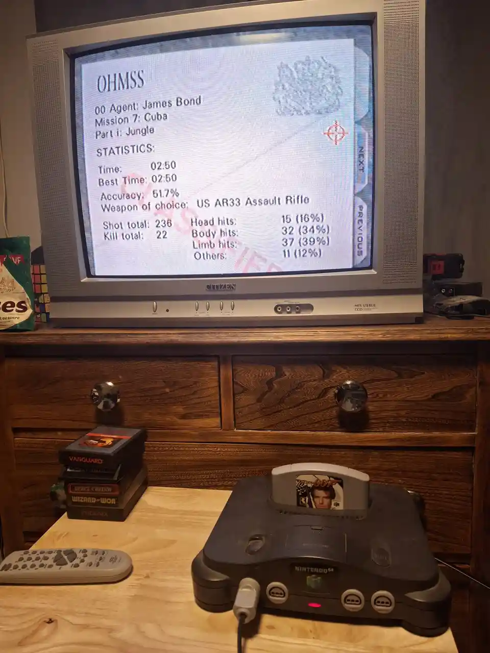 A Nintendo 64 console with the '007: Ohmss' game cartridge inserted is shown on a wooden dresser, with a CRT television…