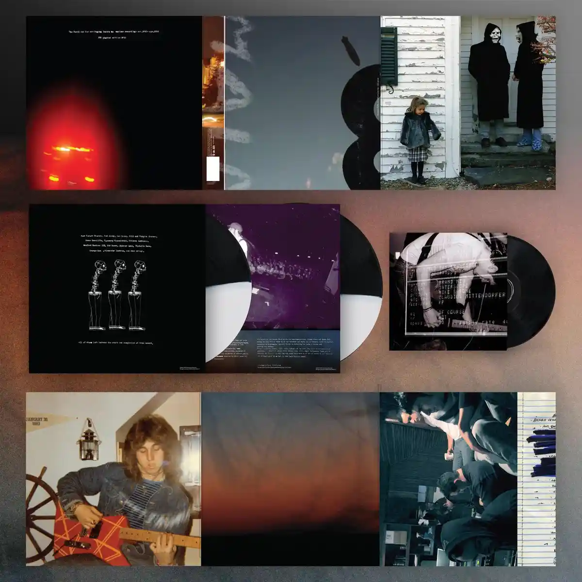 A collage of nine different album covers and vinyl records, including images of a red light blur, a zeppelin in the sky, a…