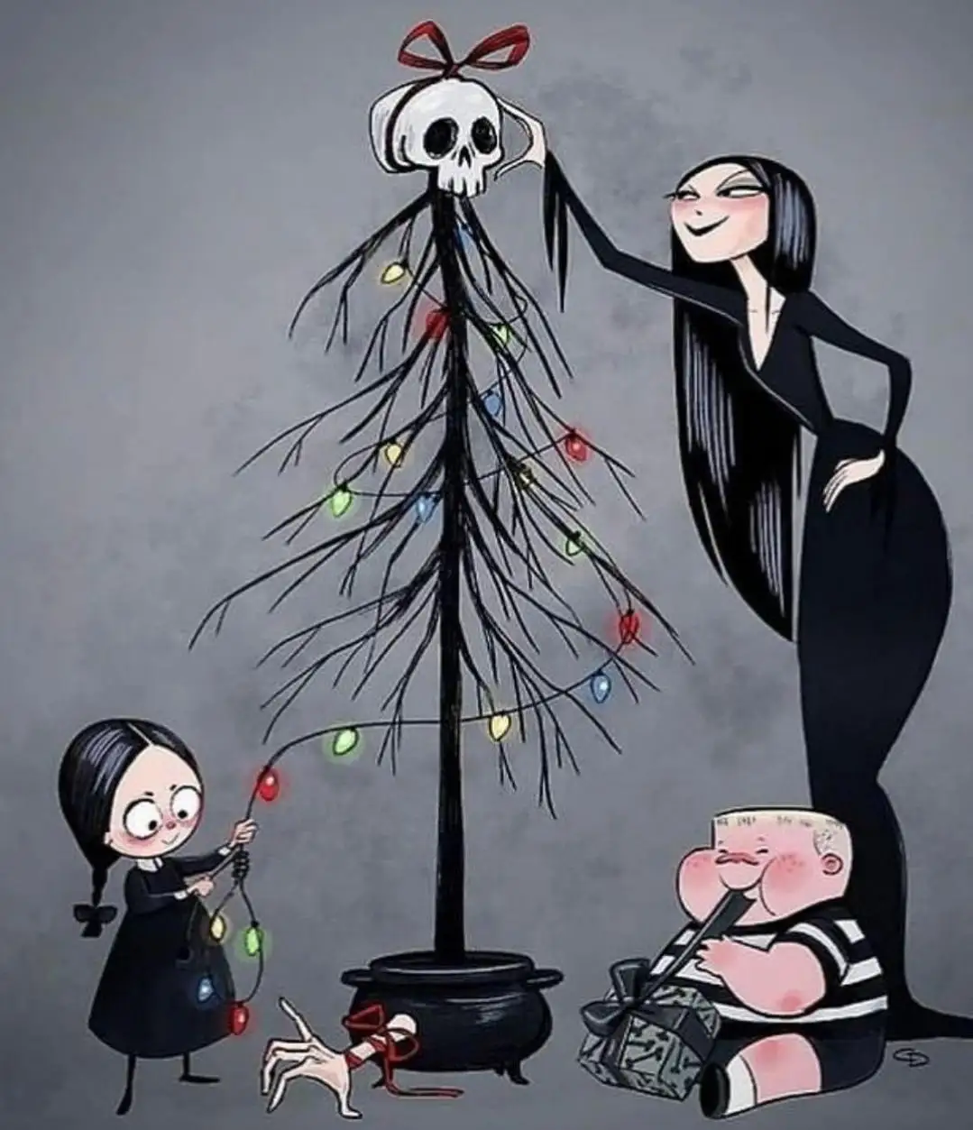 A cartoon illustration shows a family decorating a black, skeletal Christmas tree with colorful lights. The tree's top is a…