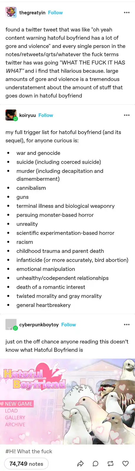 The image displays a screenshot of an Instagram post featuring a long list of triggers for the game 'Hatoful Boyfriend,'…
