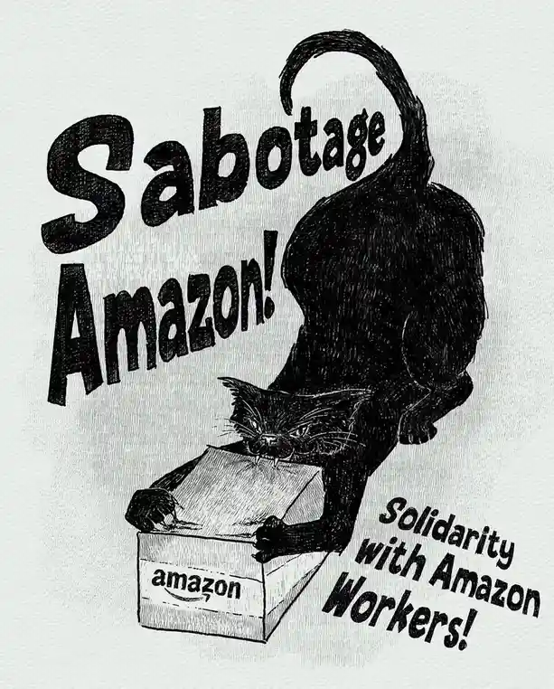 A black-and-white illustration shows a black cat tearing open an Amazon-branded cardboard box. Large text above reads…