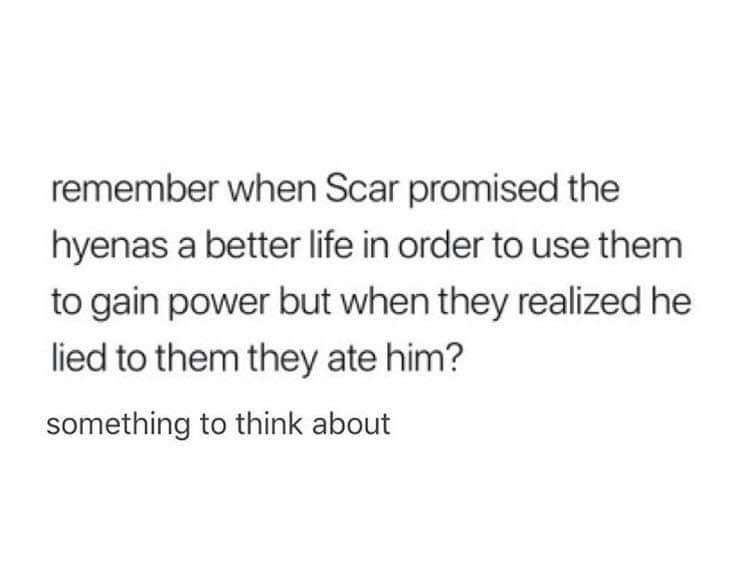 The image is a plain white background with black text that reads: 'remember when Scar promised the hyenas a better life in…