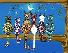 five stylized, brightly patterned cats sit side-by-side on a wooden ledge against a blue night sky with a crescent moon and…