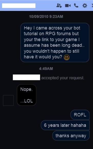 A screenshot of a text message conversation shows a user from 2010 asking if a long-dead game bot is still available…