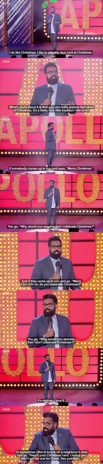A compilation of stills from a stand-up comedy performance by a man with a beard and glasses on a stage with a large…