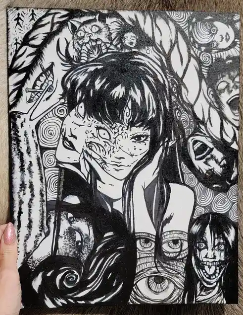 A black-and-white canvas painting depicts a central anime-style character surrounded by numerous grotesque, distorted, and…