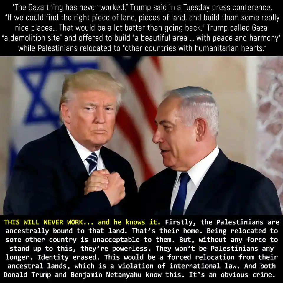 The image shows Donald Trump and Benjamin Netanyahu standing side by side, with Trump clasping his hands and looking sternly…