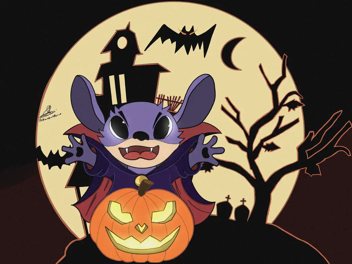 A cartoon character resembling Stitch dressed as a vampire with fangs, a purple cape, and a red collar, standing behind a…