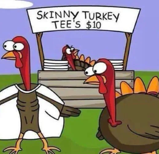A cartoon turkey wearing a white t-shirt and brown vest stands beside a wooden stall with a sign reading 'SKINNY TURKEY…