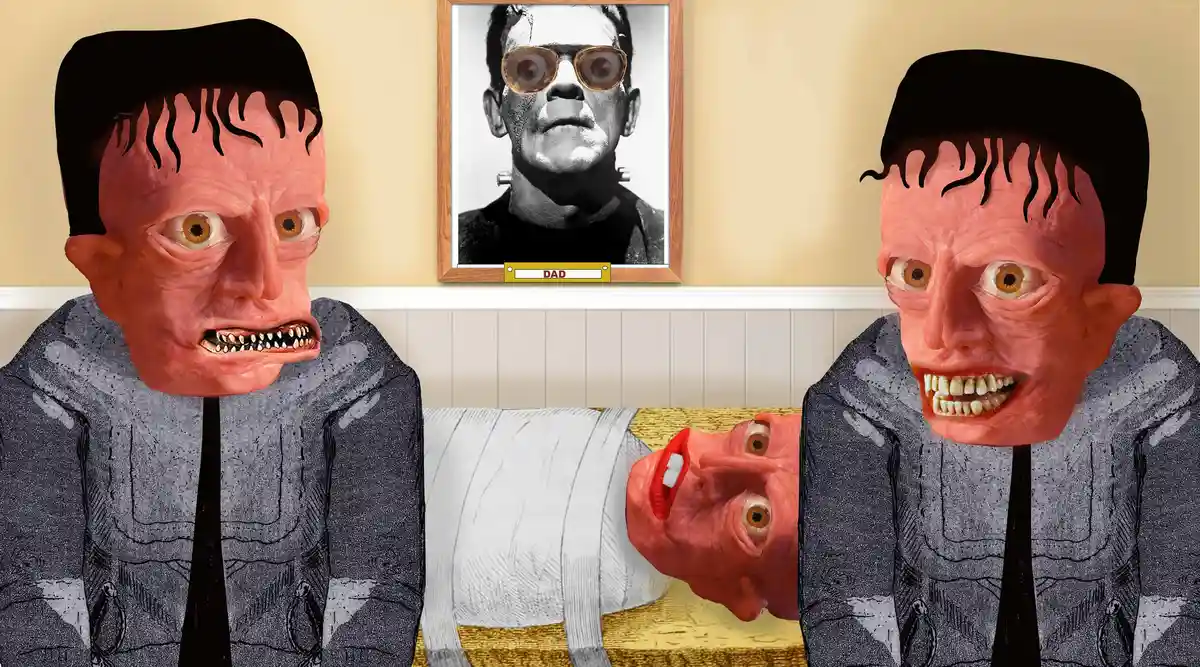 Two cartoonish Frankenstein-like figures with exaggerated facial features stand on either side of a mummy-wrapped figure…