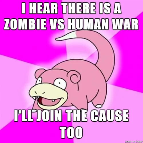 A pink cartoon Pokémon named Slowpoke is shown with a wide, eager grin against a bright pink and magenta background with…