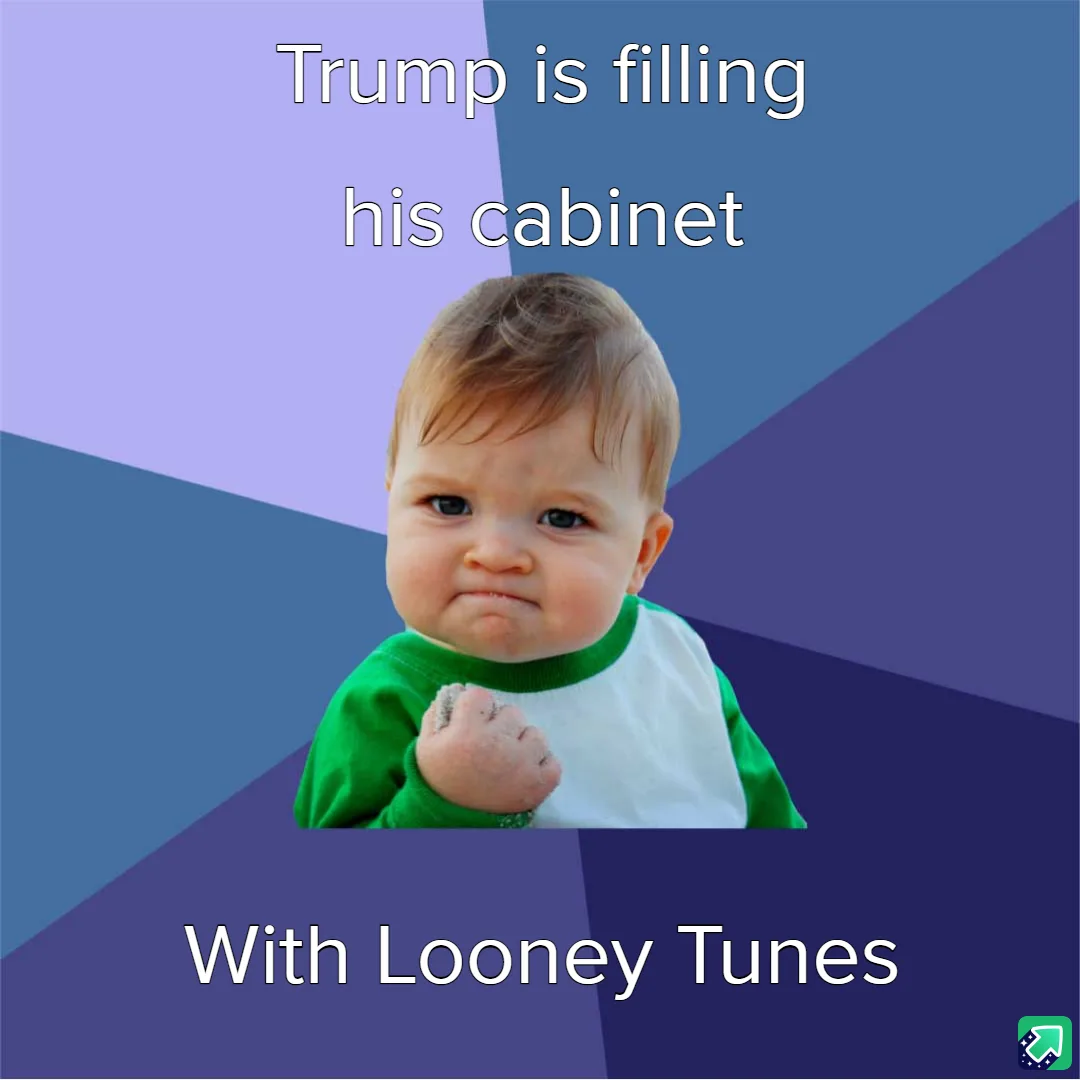 A baby with a pouty, skeptical expression wearing a green and white shirt is centered against a geometric background of…