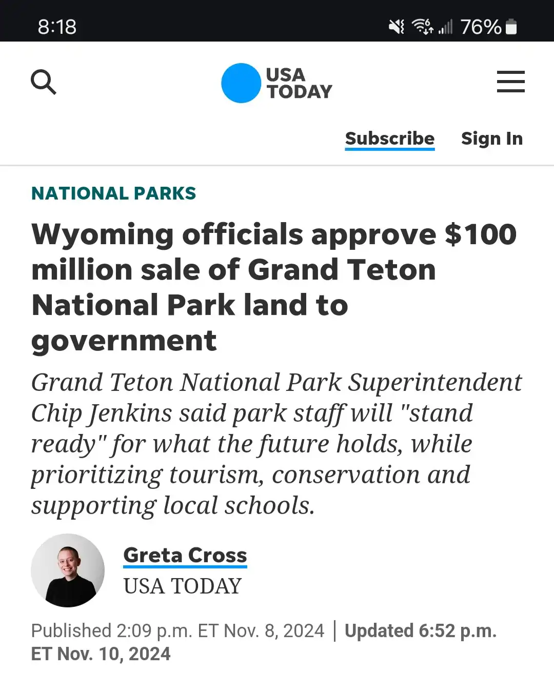 A screenshot of a USA TODAY news article headline about Wyoming officials approving a $100 million sale of Grand Teton…