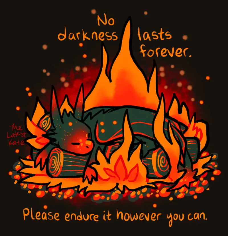 A cartoon dragon with glowing orange eyes and fiery wings is curled up asleep inside a campfire made of logs, surrounded by…