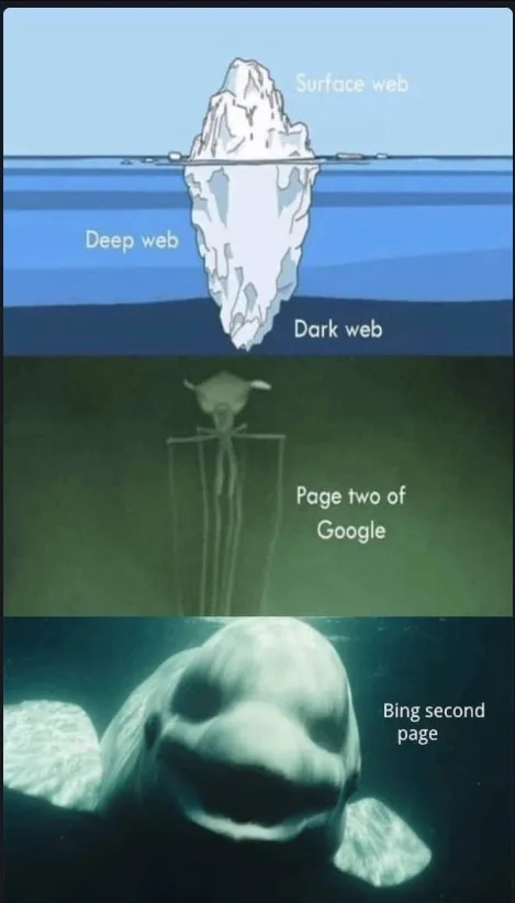 The image is a three-panel meme using an iceberg and a whale. The top panel shows an iceberg labeled 'Surface web' above…
