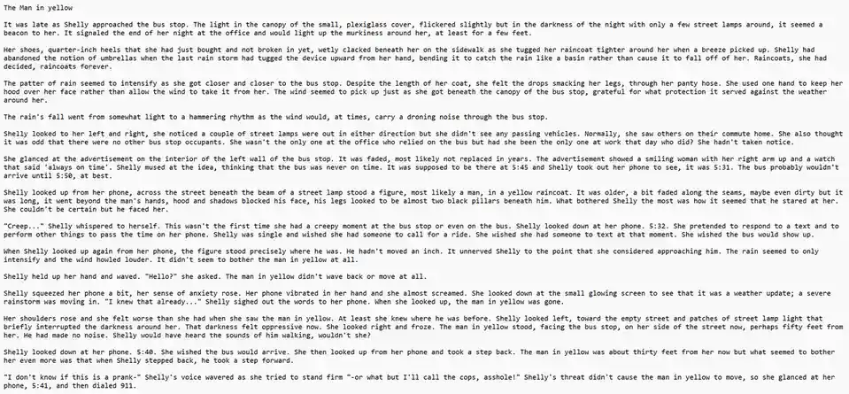 The image displays a full text narrative titled 'The Man in Yellow,' describing a woman named Shelly waiting at a bus stop…