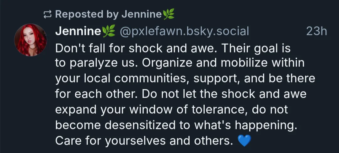A screenshot of a reposted social media post by Jennine, featuring her profile picture with red hair and a green leaf emoji…