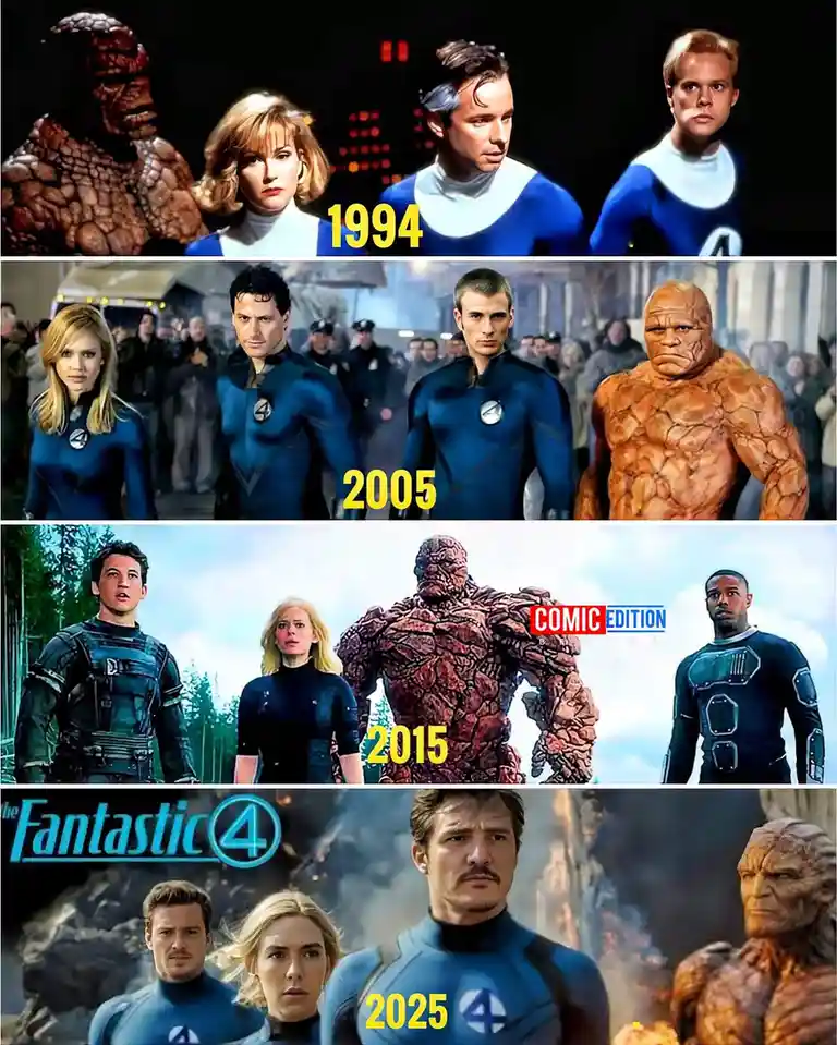 A four-panel meme comparing the Fantastic Four movie casts from 1994, 2005, 2015, and a fictional 2025, each labeled with…