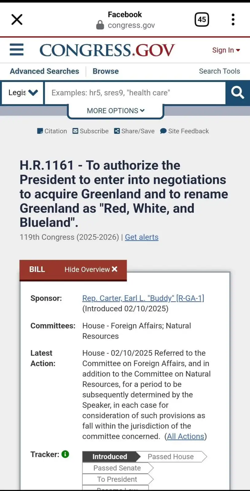 A screenshot of the congress.gov website showing a fictional bill titled H.R.1161, which humorously proposes to acquire…