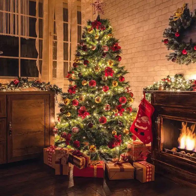 A warmly lit, cozy living room features a fully decorated Christmas tree with red and gold ornaments, twinkling lights, and…