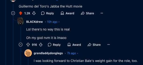 A screenshot of a Reddit comment thread where a user initially reacts with disbelief to a post about Guillermo del Toro's…